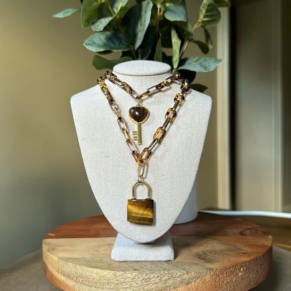 Hand Crafted Jewelry - Tigers Eye Crystal Lock & Key Double Layer Chunky Paper Clip Chain Neckl…